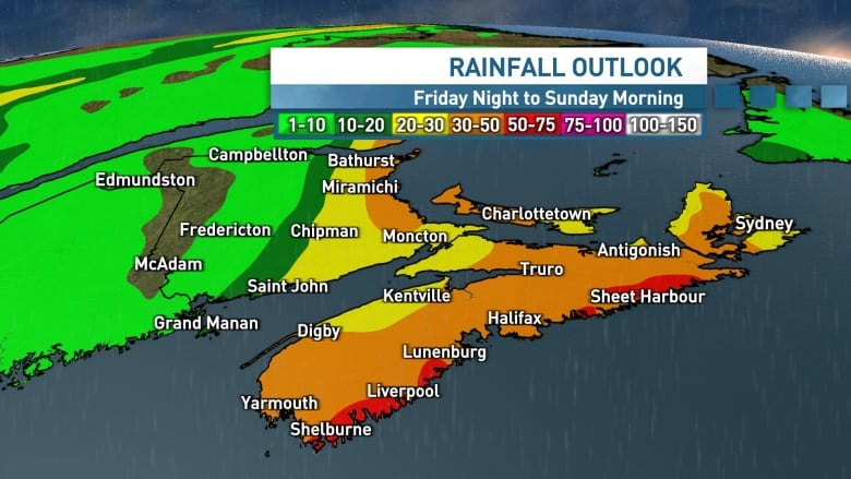 Most of the province can expect rainfall in the 30 to 50 mm range, with heavier amounts locally. 