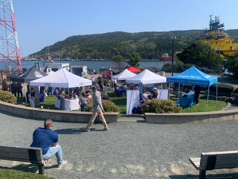 Job booths set up at the Harbourside park with the St. John's harbour in the background.