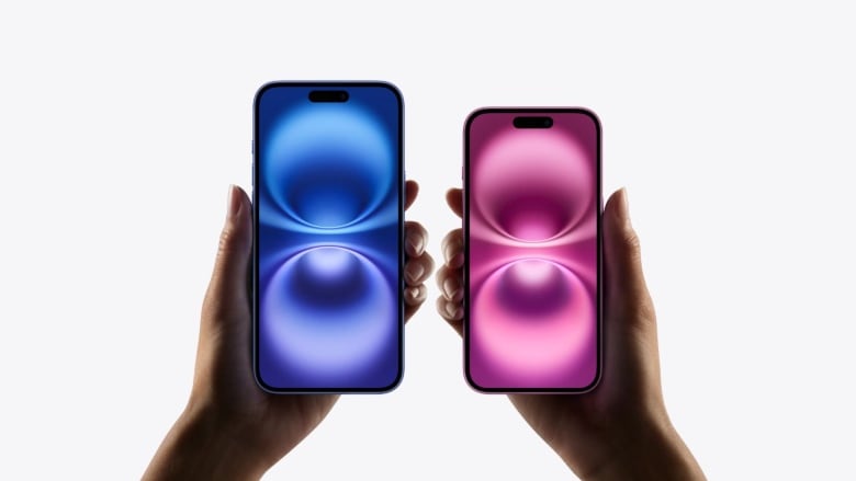 On the left, a hand holds up a large iPhone with a blue and purple design on the screen. On the right, a and holds up a slightly smaller iPhone with a magenta design on the screen.