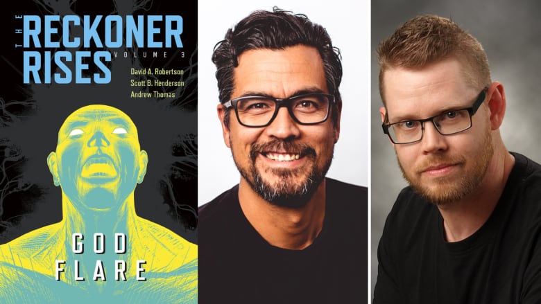 A composite image of a book cover and portraits of two men with glasses looking into the camera.