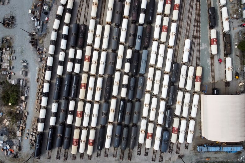 An aerial view of tanker cars.