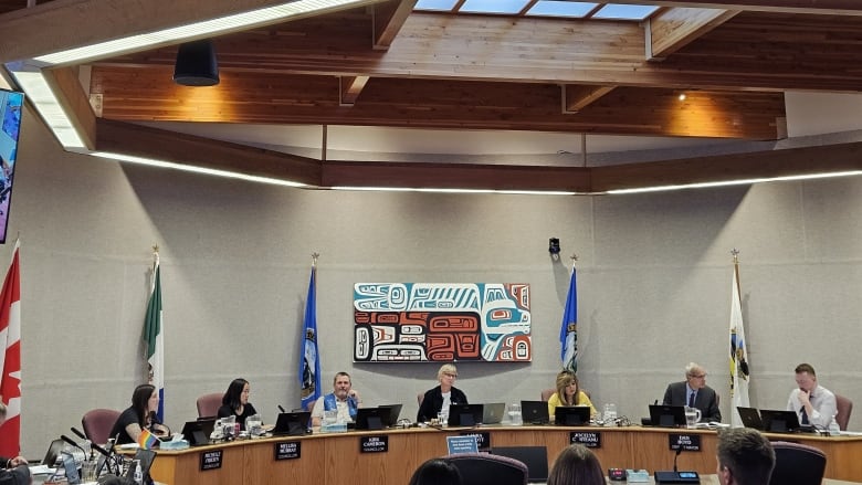 All six city councillors, three on either side of the mayor in the middle, with flags behind them at Whitehorse City Council. 