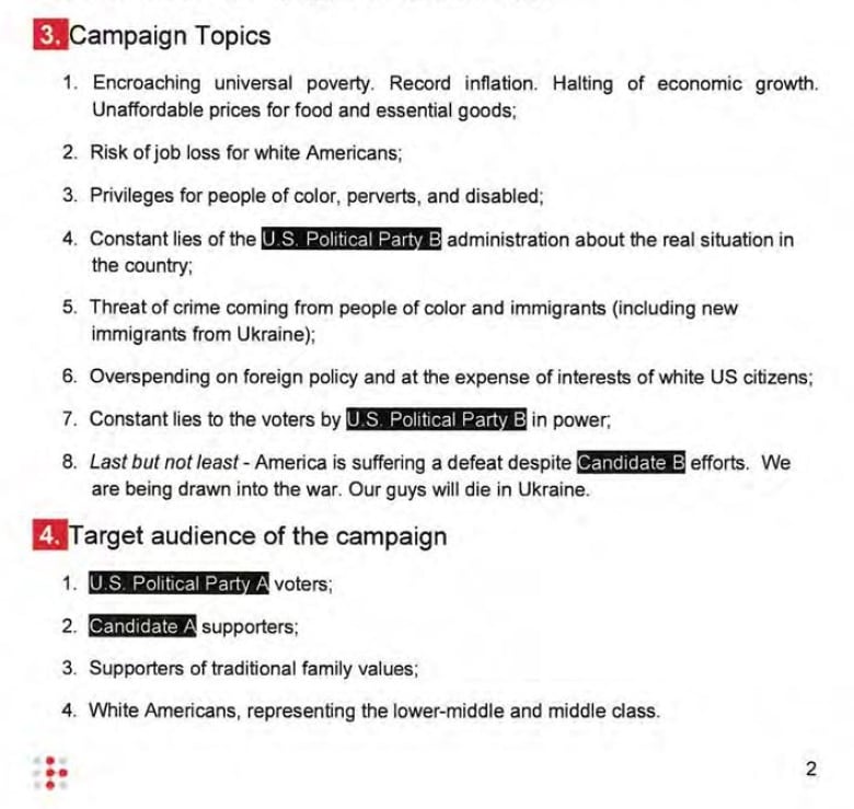 A slide shows the main themes Russia wanted to push in its US campaign, and the main target audiences. US Political Party B is the Democrats, and Candidate B is Joe Biden. Candidate A is Donald Trump.