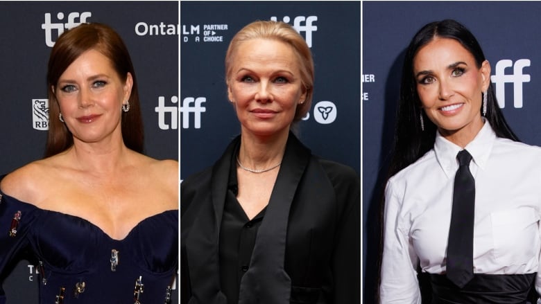 Three photos make up a composite image of three women smiling on red carpets. 