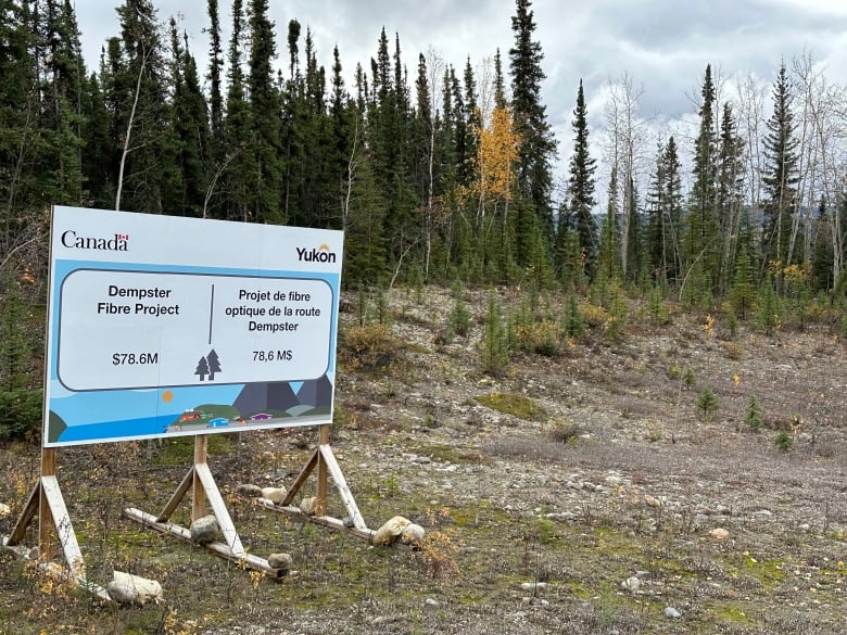 A large wooden road sign in front on some forest. 