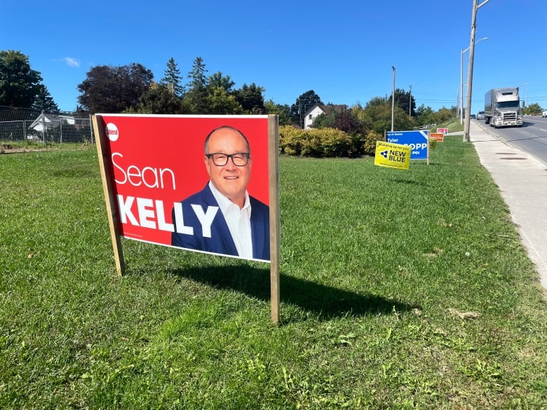 A red campaign sign with a photo of Sean Kelly.