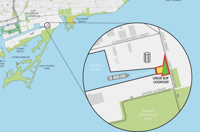 A map shows the location of the park in the Port Lands, right near the water