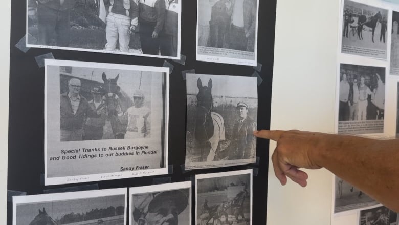 A wall featuring framed vintage photos of horses and people.