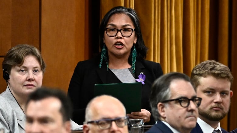 NDP MP Lori Idlout rises during Question Period in the House of Commons on Parliament Hill in Ottawa on Monday, Nov. 27, 2023.