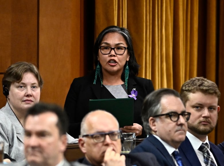 NDP MP Lori Idlout rises during Question Period in the House of Commons on Parliament Hill in Ottawa on Monday, Nov. 27, 2023.