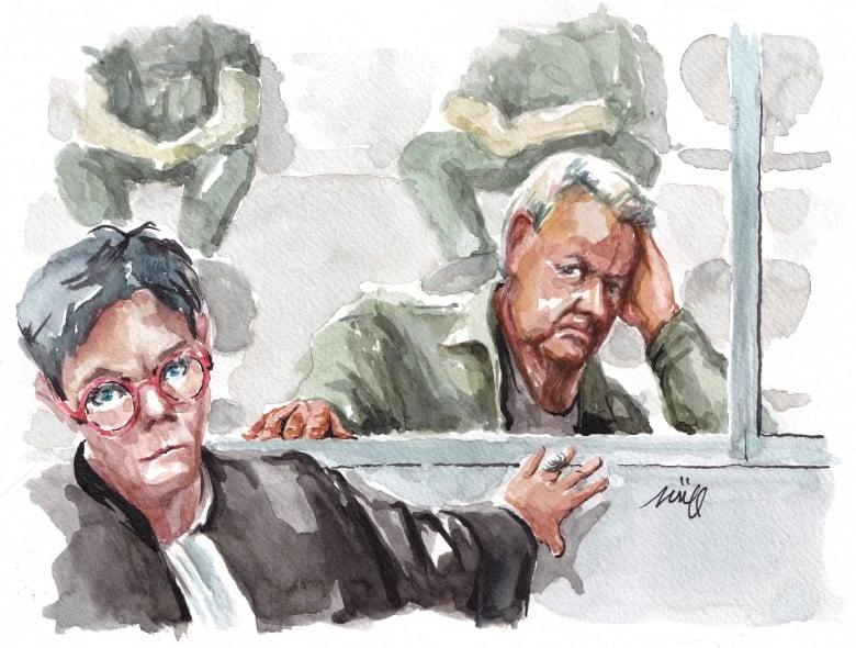 A courtroom sketch of a lawyer and an older man