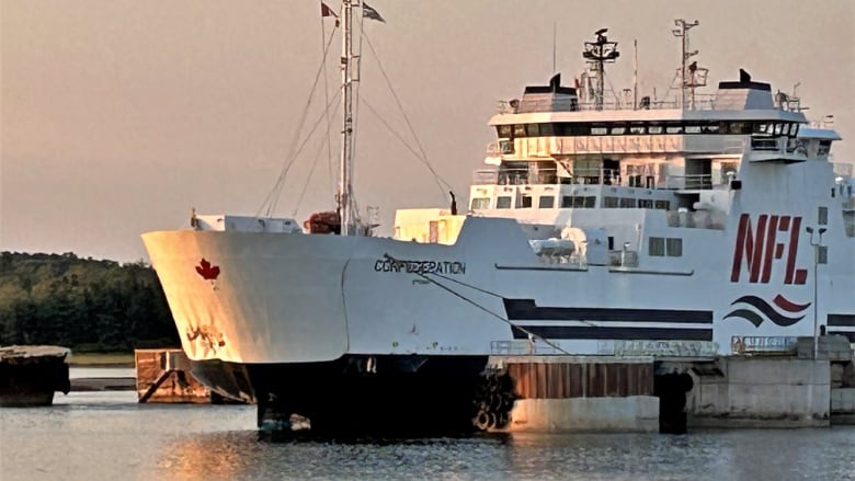 The MV Confederation tied up at the wharf, showing the damage at the bow.