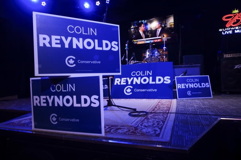 Blue election signs for Conservative candidate Colin Reynolds are stacked on a stage.