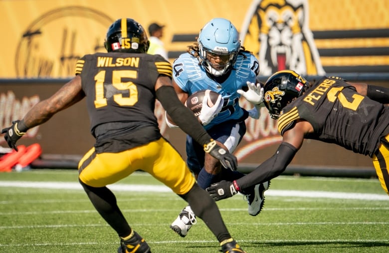 Toronto Argonauts running back Deonta McMahon (24) runs for some yards against Hamilton Tiger Cats linebacker Kyle Wilson (15) and teammate Jamal Peters (2) during CFL football game action in Hamilton on Monday, Sept. 2, 2024. 