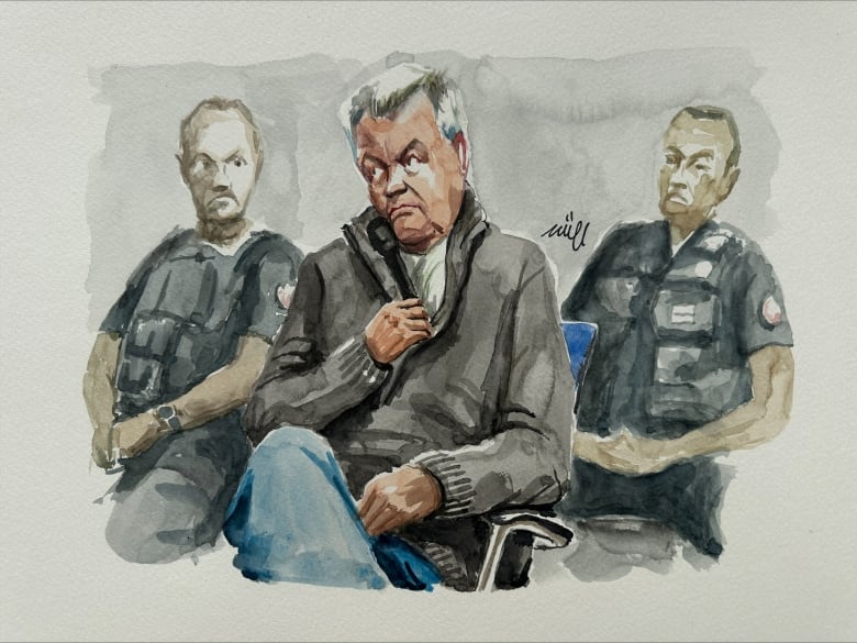 A courtroom sketch of an older man