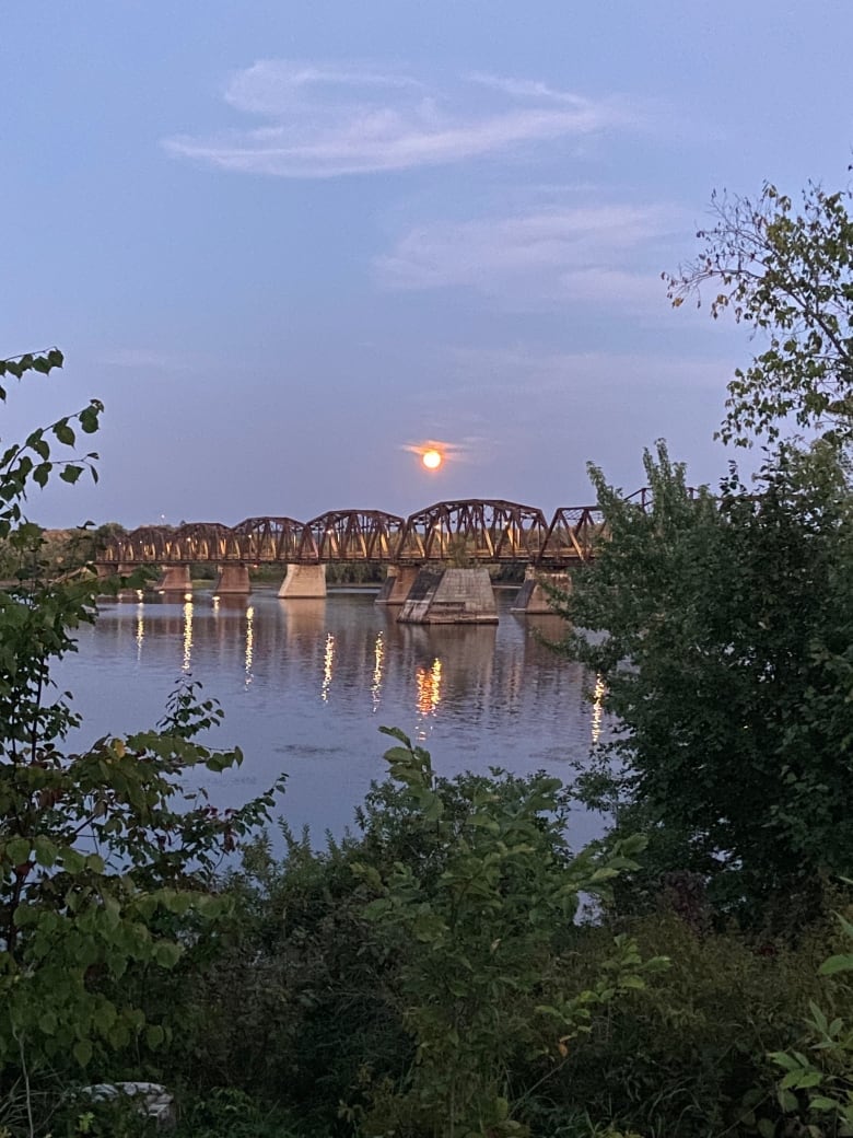 A full moon glows over a bridge spanning a river.