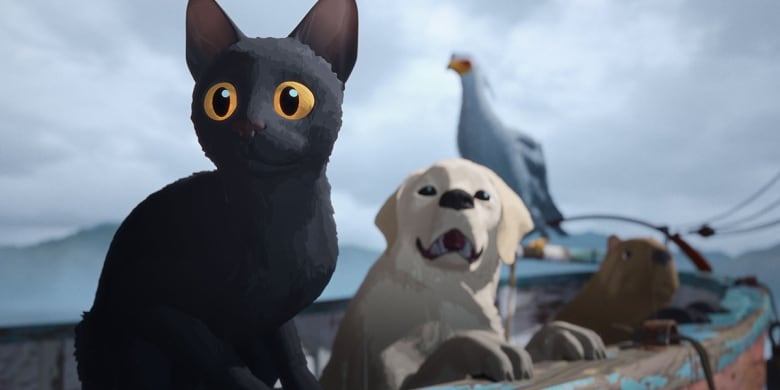 An animated cat, dog and bird sit in a boat. 