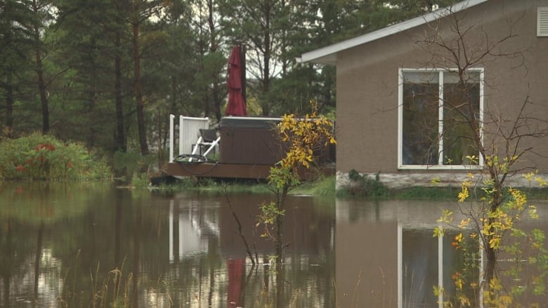 A house surrounded by water