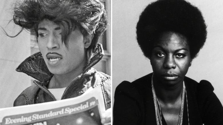 Side-by-side black and white portraits of Little Richard and Nina Simone.