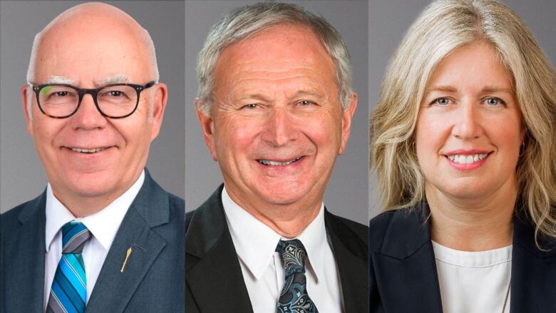 Headshots of two men in dark suits, white shirts and ties and a woman in a dark suit and white blouse. The three photos are side by each.