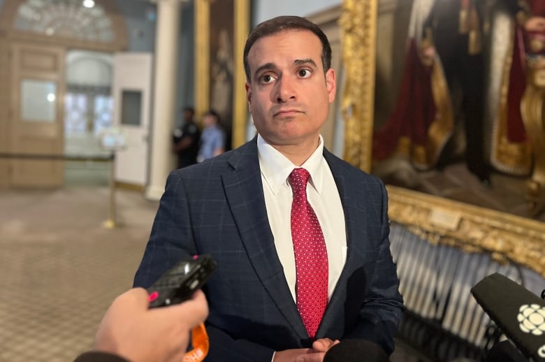 A man in a suit and tie stands in front of microphones.