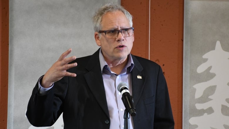 Politician gestures while speaking at a news conference