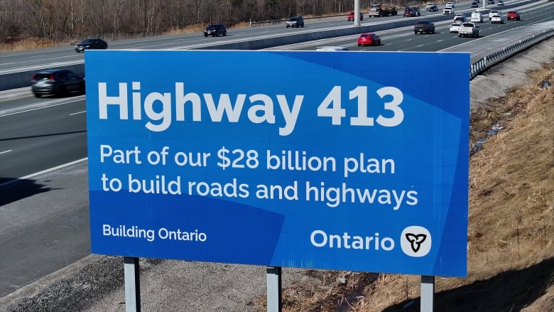 A billboard in King City, Ont., promotes the proposed Highway 413 project.