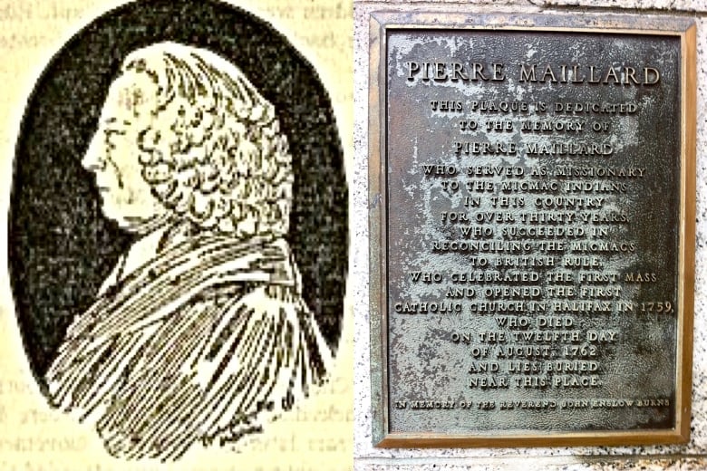 A drawing of a man from the 1700s, and a plaque on the right.