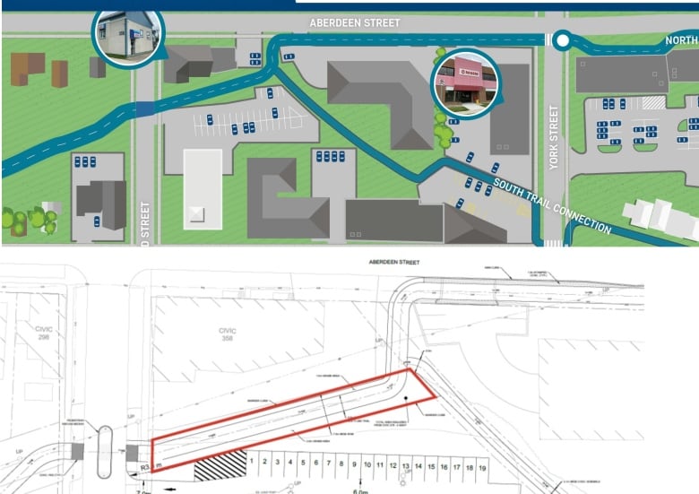 Maps show where a new section of trail will be built in order to complete Fredericton's Cross Town Trail.