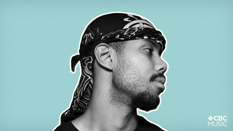 A black and white image of Mustafa (a Sudanese Black man) is placed over a light aquamarine background. He wears a patterned du-rag. The CBC Music logo sits in the lower right corner of the graphic.