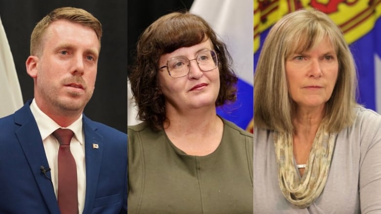 Side-by-side headshots of three people in front of Nova Scotia flags. 