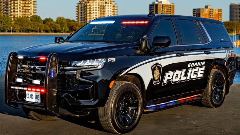 A Sarnia Police Service vehicle is shown at the riverfront of the southwestern Ontario border city.