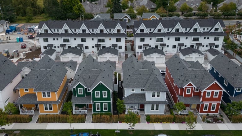 A row of houses with colourful fronts is shown from an aerial view. 