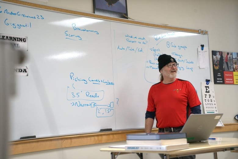 A man at the front of a classroom.