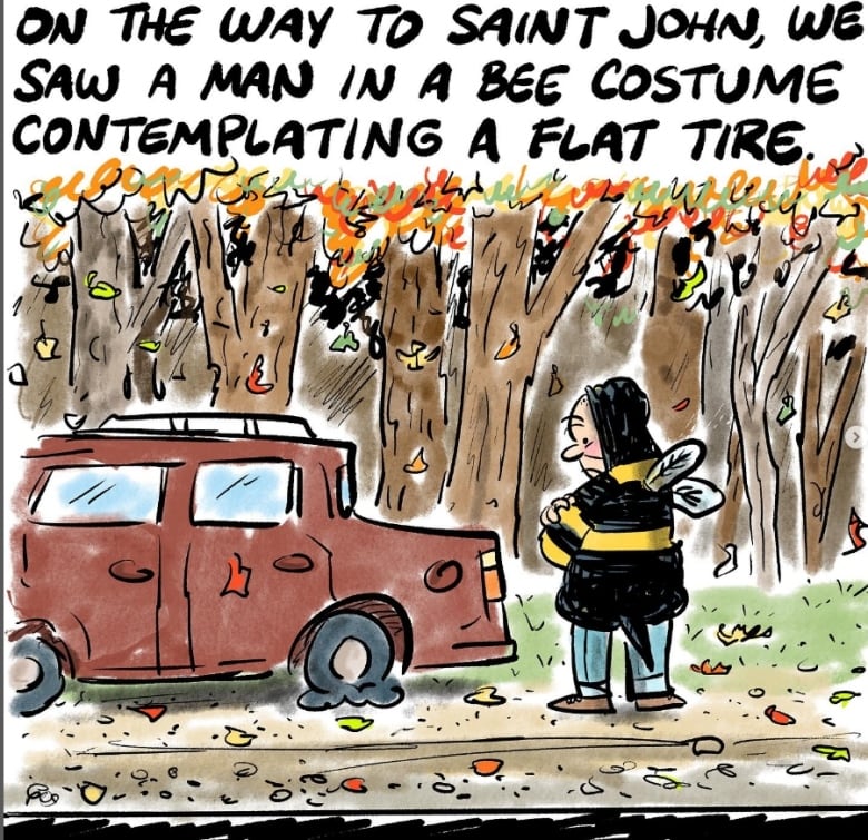 A cartoon of a man in a bee costume standing behind a car with a flat tire.