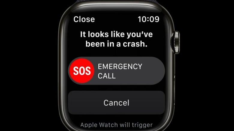 An Apple Watch in crash detection mode. The screen says 