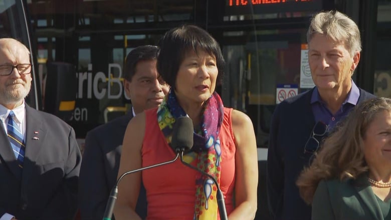 Woman in a scarf at a news conference