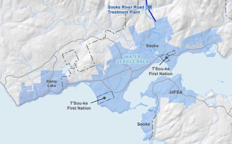 A map showing Sooke, East Sooke, parts of the Juan de Fuca Electoral Area, and TSou-ke First Nation highlighted in blue.