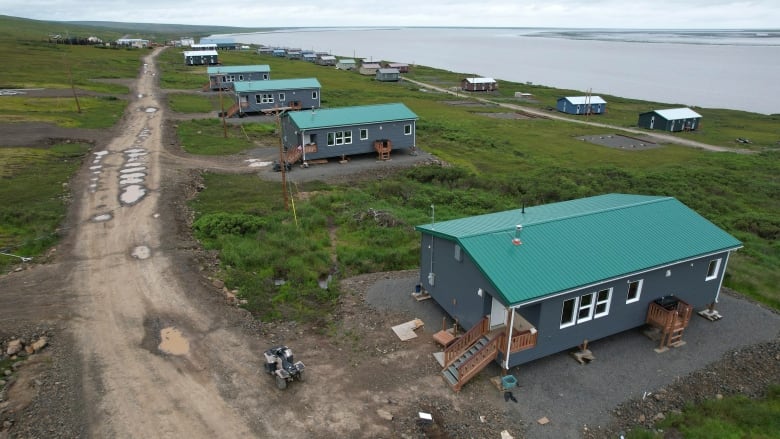 A line of houses near a coastline.