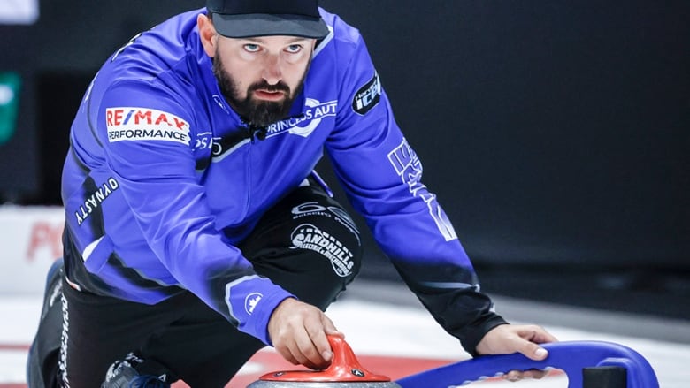 Skip Reid Carruthers delivers a stone during curling action against Team Asselin at the PointsBet Invitational in Calgary on Sept. 26, 2024. 