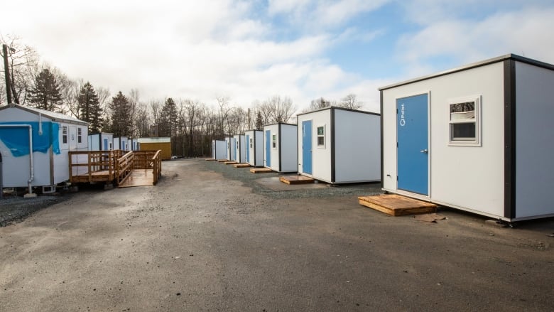 Several small Pallet shelters in a row.