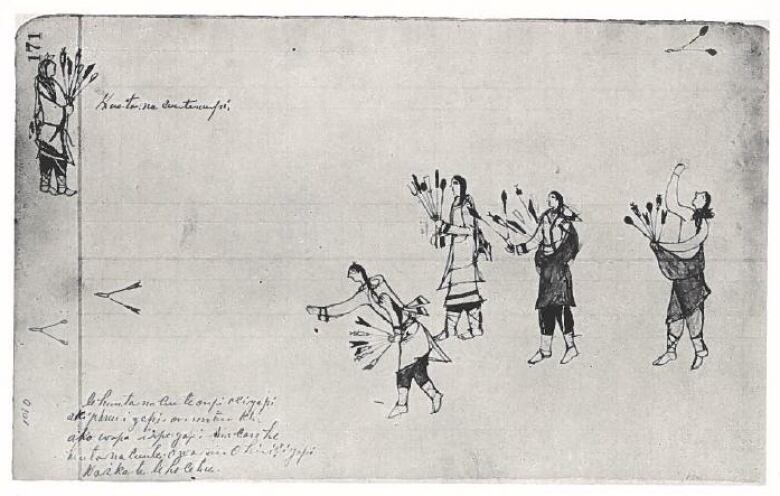 An archival image of an illustration of five Indigenous people playing a winter game with dart like objects. 