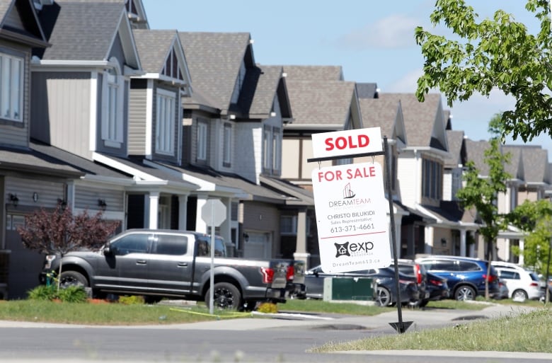 A realtor's for sale sign is seen standing outside a house.