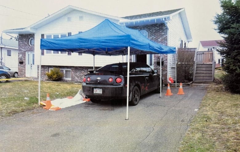 A blue topped tent over a car parked in a driveway with several tarps on the ground to the left of the vehicle and a duplex in the background.