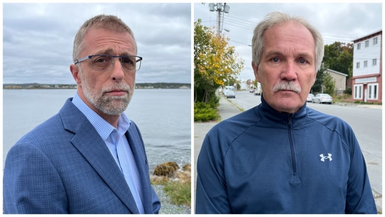 A collage image of two men. One stands by a river wearing a suit, while the other stands by a war memorial wearing a tracksuit jacket.