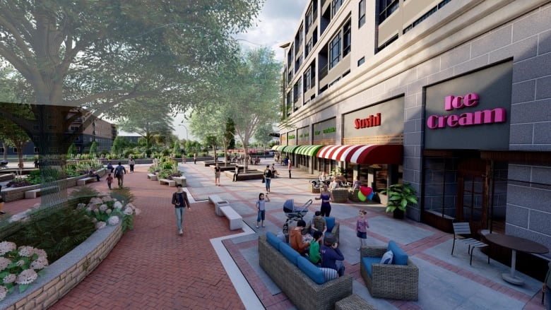 An artist's rendering shows a street scene with people walking past shops.