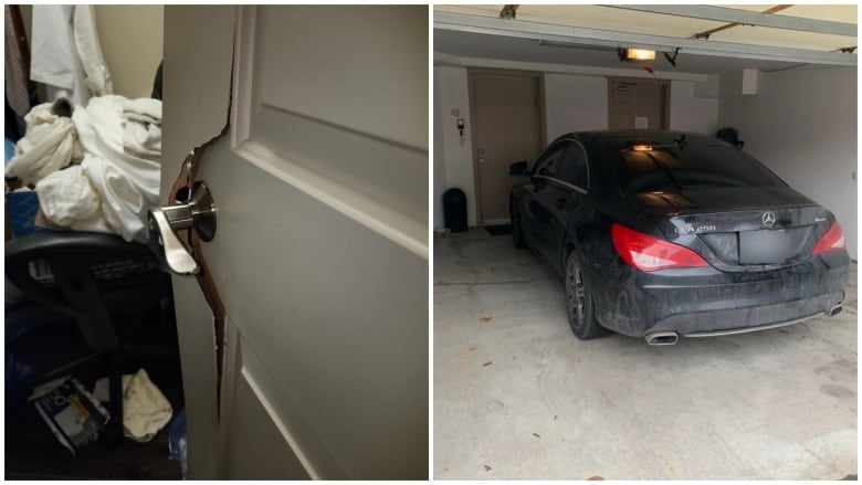 Two photos, side by side, show an interior door with severe damage around the door handle, and a dusty black car in a garage.