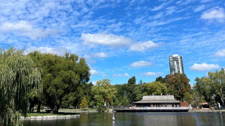 Park with water, trees and bright blue skies