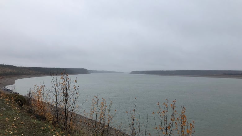 A large river on a grey day fall day. 