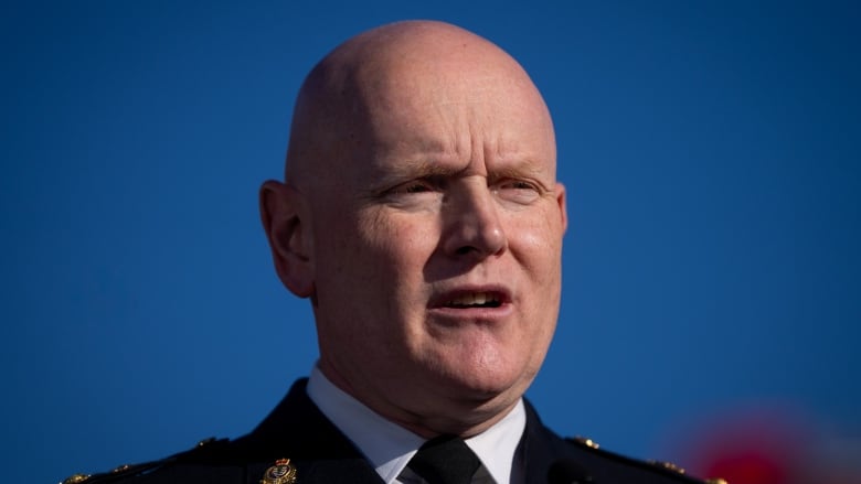 A bald man in police uniform with blue sky in the background.